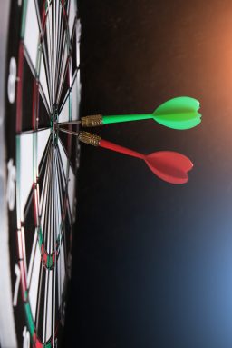 Two darts are stuck in the center of dartboard.Achieving goals in business and in life