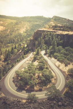 A vertical high angle shot of the Historic Columbia River Highway in Oregon